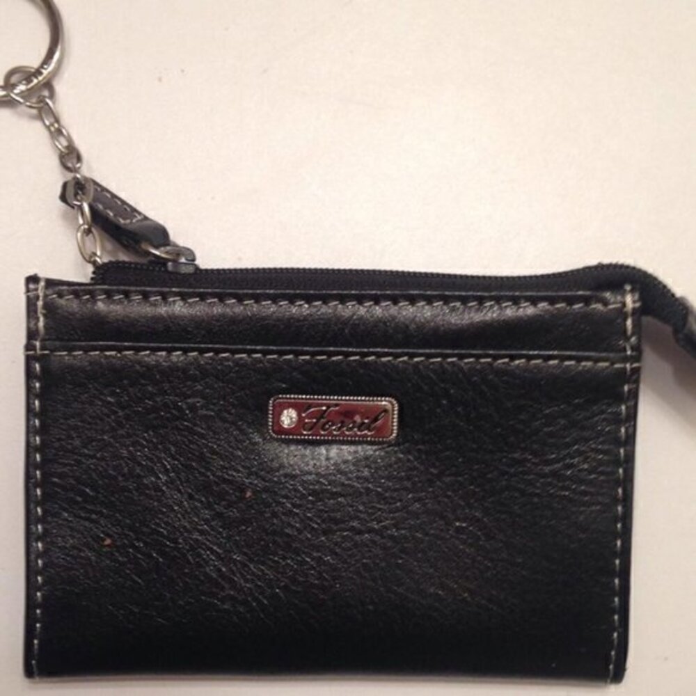 👛 FOSSIL 👛 BLACK LEATHER COIN KEYCHAIN wallet